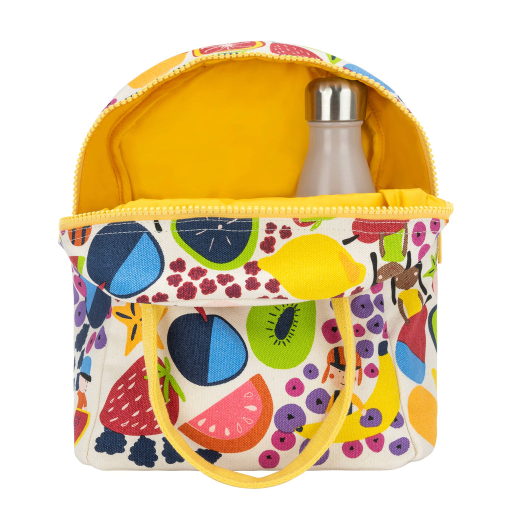 Colorful Fluf Eat the Rainbow Lunch Bag with vibrant rainbow design, durable fabric, and secure zipper closure.