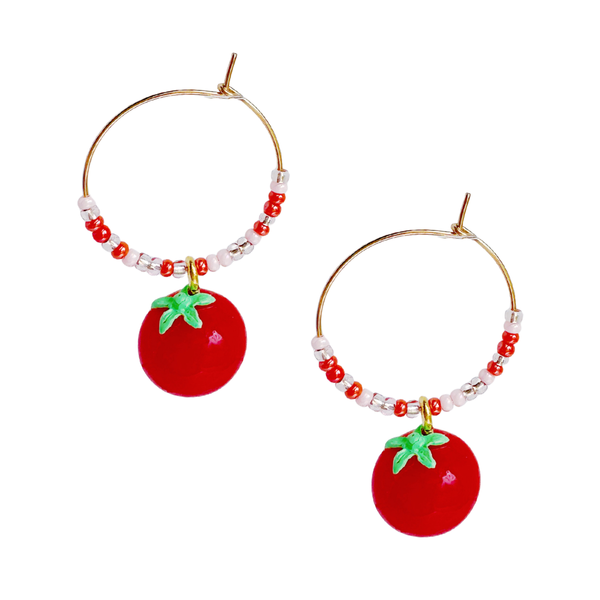 Freshie & Zero tomato-shaped earrings, colorful and playful jewelry with vibrant red and green details, displayed on a white background.