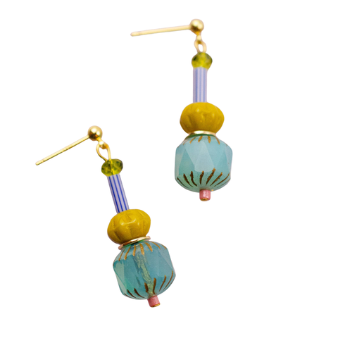 Colorful teal beaded dangle earrings by Jill Makes featuring vibrant beads and intricate design, perfect for accessorizing.