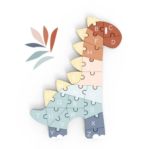 Wooden ABC Dino Puzzle by Speedy Monkey featuring colorful dinosaur-shaped puzzle pieces on a wooden surface.
