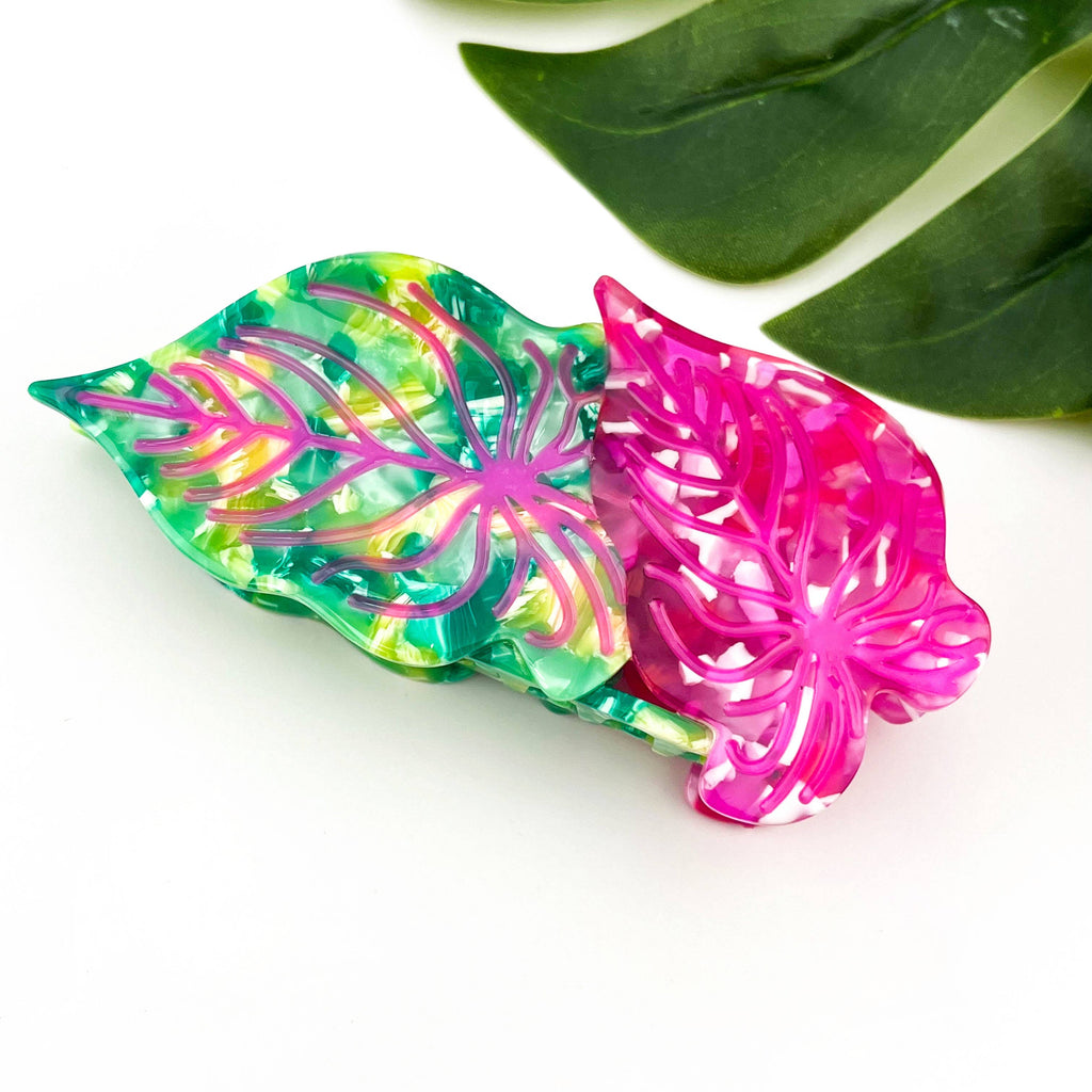 Acetate Leaf Hair Claw Clip, Monstera Leaf Hair Clip: Pink Green - Freshie & Zero Studio Shop