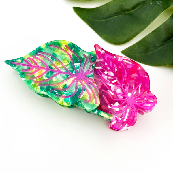 Acetate Leaf Hair Claw Clip, Monstera Leaf Hair Clip: Pink Green - Freshie & Zero Studio Shop