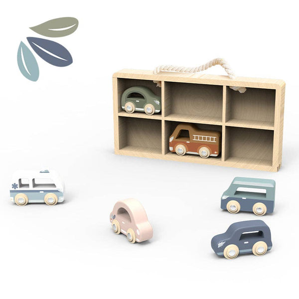 Wooden car display with six colorful toy cars by Speedy Monkey, perfect for kids' play and collection.