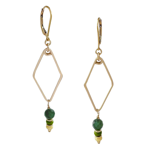 Golden Mirage earrings by Freshie & Zero featuring yellow and green geometric earrings with gold accents.
