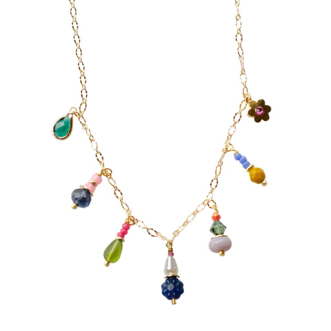 Colorful flower beaded charm necklace by Jill Makes featuring vibrant floral beads and a delicate chain design.