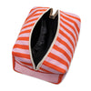 Fluf Traveller Toiletry Bag with pink awning stripe design, compact bag for travel essentials, durable fabric with zipper closure.