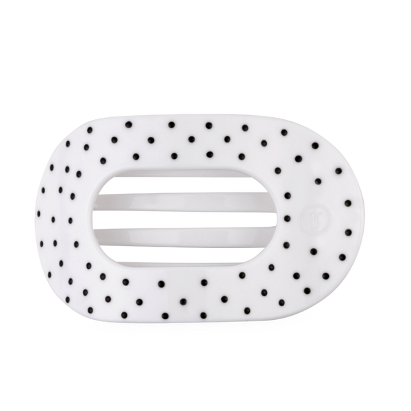 Teleties polka dot large flat round hair clip in black and white, stylish hair accessory for securing hair or decorative use.