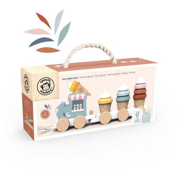 Wooden Ice Cream Train toy by Speedy Monkey with colorful ice cream cone details and train car design for children’s play.