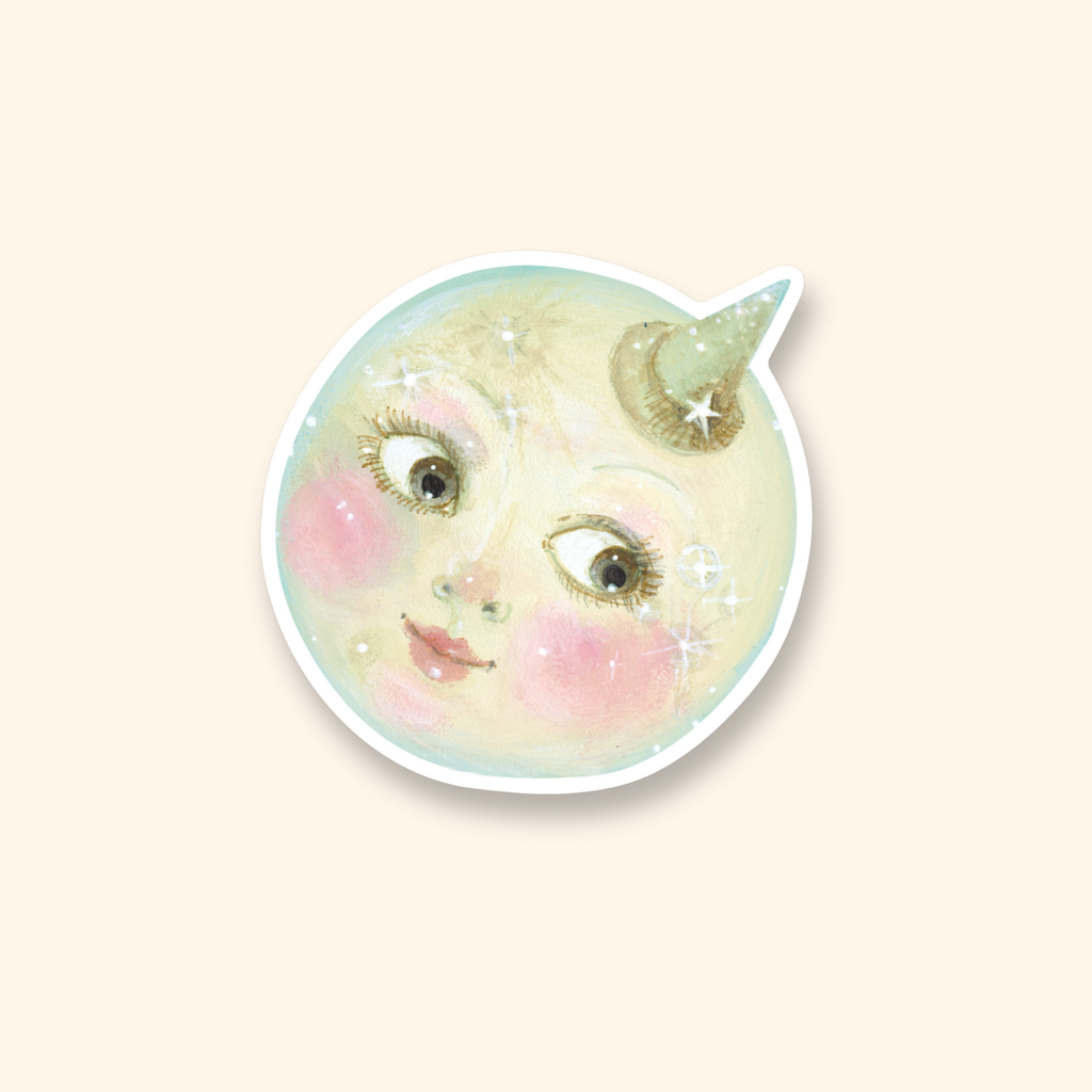 Lady in the Moon die cut vinyl sticker by Jahna Vashti featuring a celestial moon goddess design on a white background.