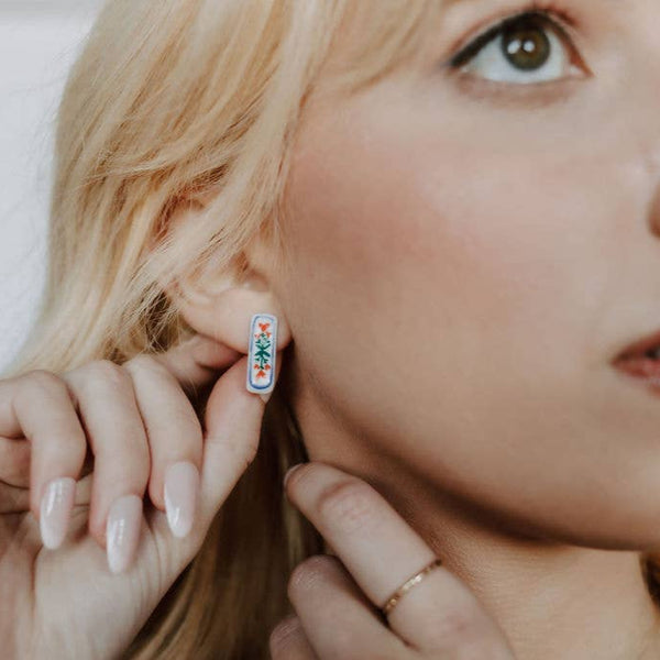 Handpainted Floral Bar Ceramic Stud Earrings - Freshie & Zero Studio Shop