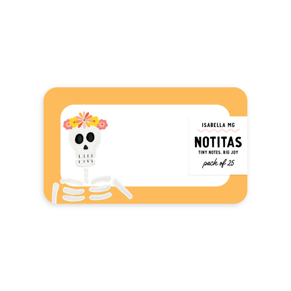 Set of five Esqueleto Notitas mini notecards by Isabella MG featuring skeleton-themed greeting and note cards with playful designs.