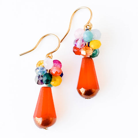 Coral glass drop earrings with colorful crystal beads, stylish jewelry by Nest Pretty Things.