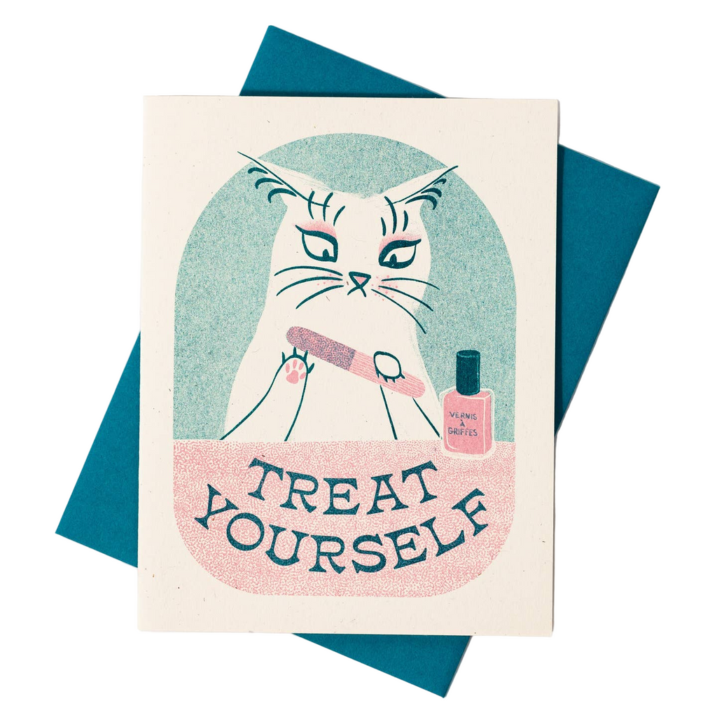 Treat Yourself Cute Cat Greeting Card - Freshie & Zero Studio Shop