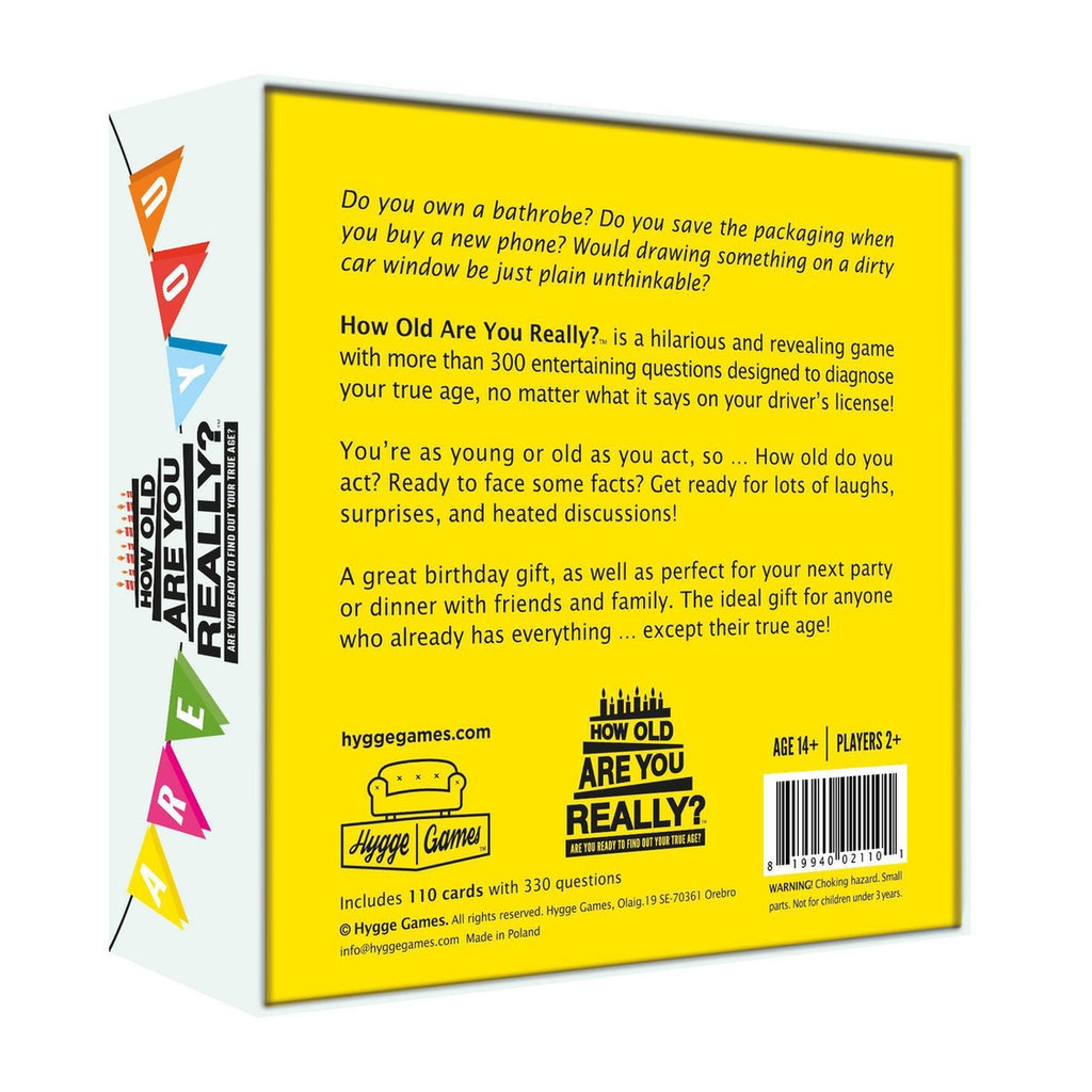 Hygge Games How Old Are You Really? party game box with colorful question cards and playful design