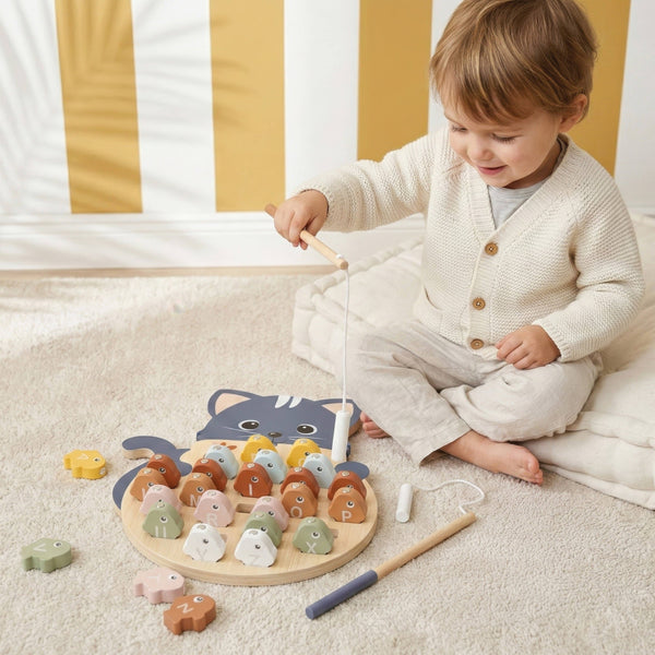 Wooden fishing game toy featuring alphabet letters from Speedy Monkey, colorful and designed for children's educational play.