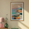 Santa Barbara coastline oil pastel art print by El Baker Art, 11x14 poster showcasing vibrant ocean and shoreline scene.