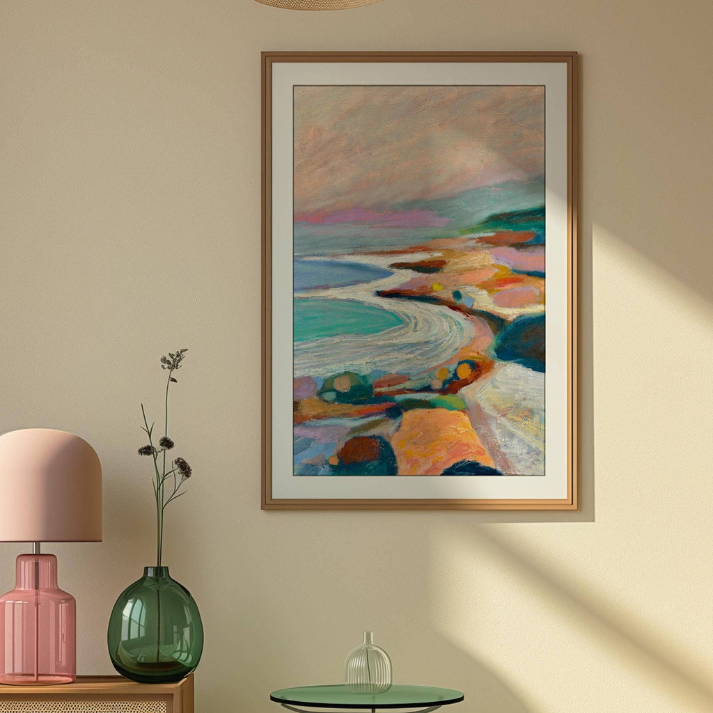 Santa Barbara coastline oil pastel art print by El Baker Art, 11x14 poster showcasing vibrant ocean and shoreline scene.
