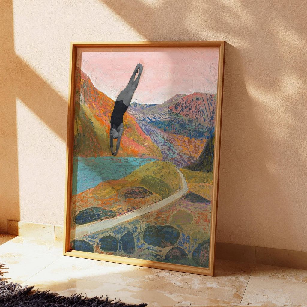 El Baker Art swimming diver art print, 8x10 poster featuring vibrant underwater scene with diver and aquatic elements.
