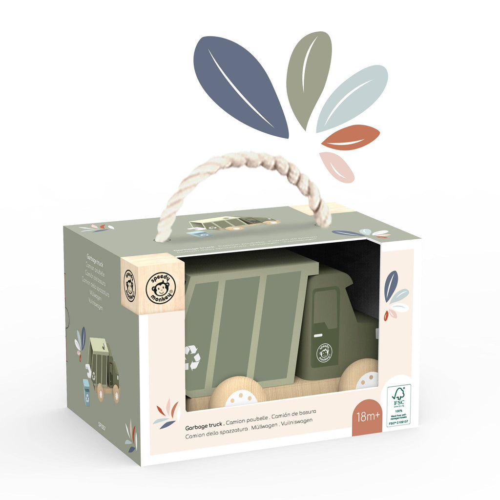 Wooden garbage truck toy by Speedy Monkey, featuring colorful details and realistic design for children’s play.