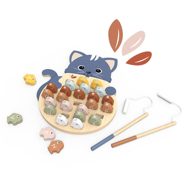 Colorful wooden fishing game alphabet toy by Speedy Monkey, featuring fishing rods and alphabet letters for kids' learning fun.