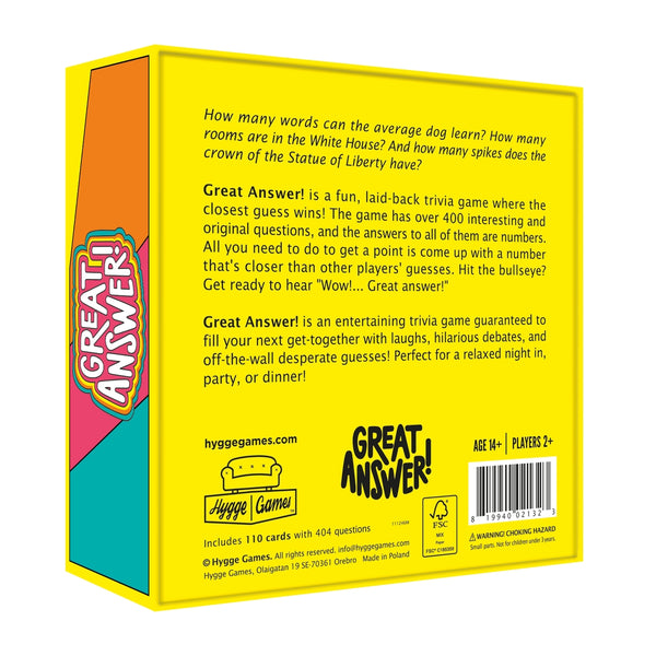 Hygge Games Great Answer! trivia game box with colorful question cards and playful design