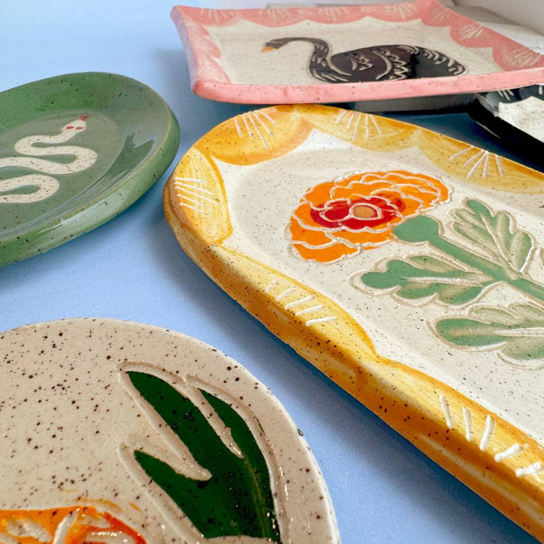 Orange Flower Sgraffito Trinket Dish - Freshie & Zero Studio Shop