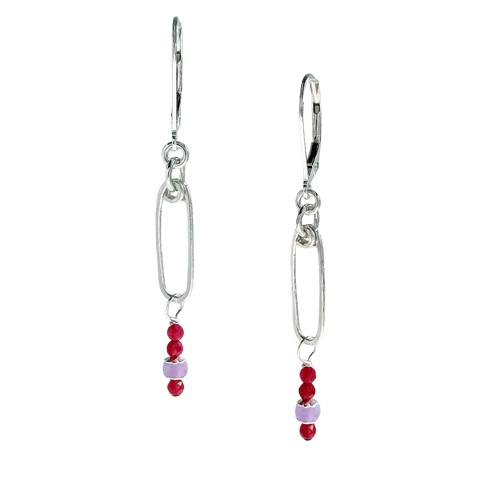 Silver Argan Drop Earrings by Freshie & Zero featuring lavender and cherry red colors with elegant drop design.