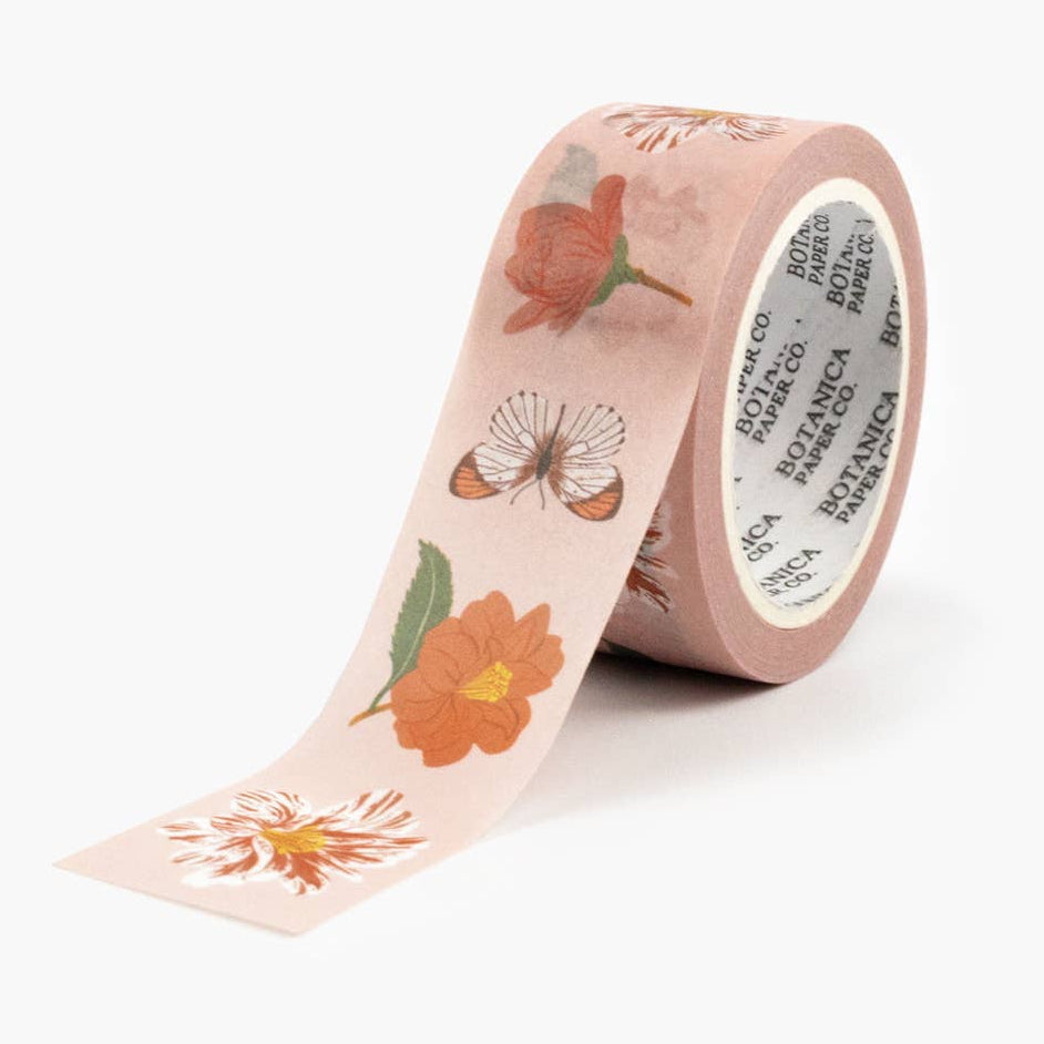 Botanica Paper Co. Camella Orange Floral Washi Tape with orange and floral patterns on adhesive paper roll.