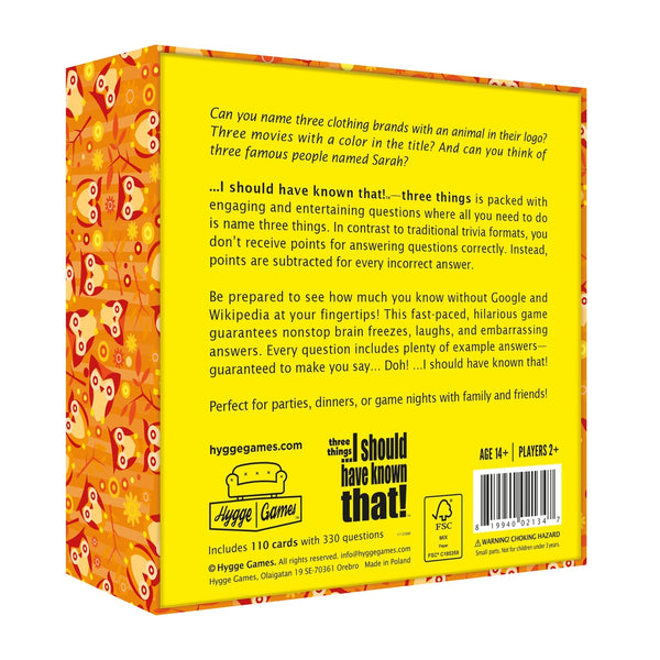 Hygge Games I Should Have Known That! Three Things trivia game box