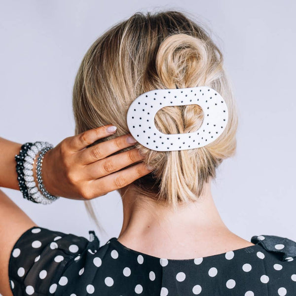 Polka Dot Party large flat round hair clip by Teleties, stylish hair accessory with black and white polka dot pattern.