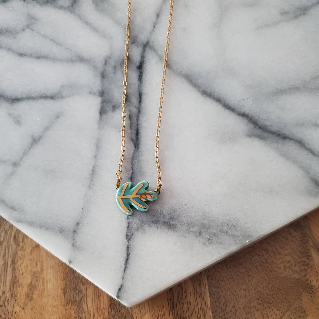 Green + Gold Ceramic Leaf Handmade Necklace - Freshie & Zero Studio Shop