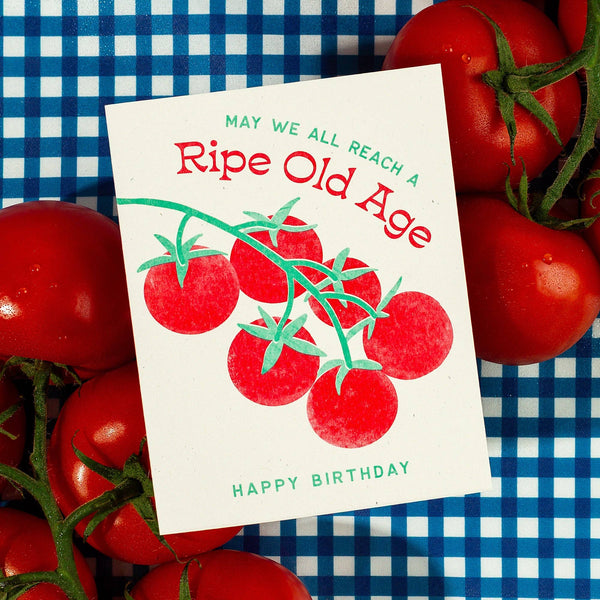 Ripe Old Age Tomato Risograph Birthday Card - Freshie & Zero Studio Shop