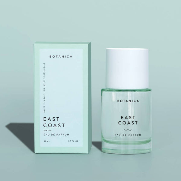 Botanica East Coast Eau de Parfum bottle and packaging on a light green background