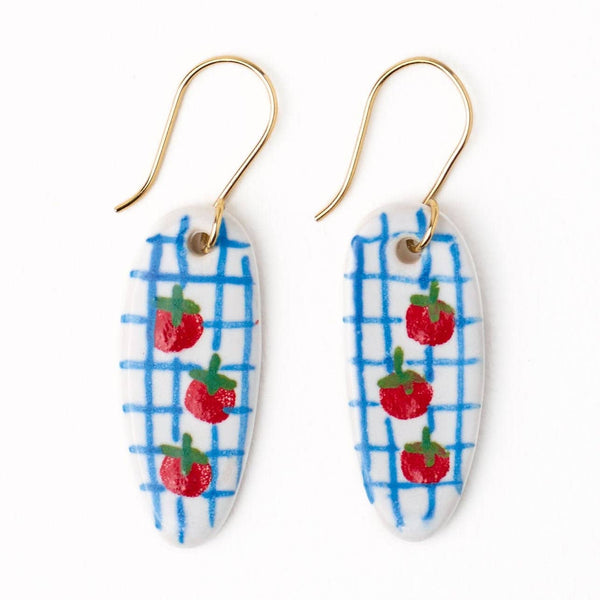 Danielle Oval Ceramic Earrings With Tomatoes + Blue Plaid - Freshie & Zero Studio Shop