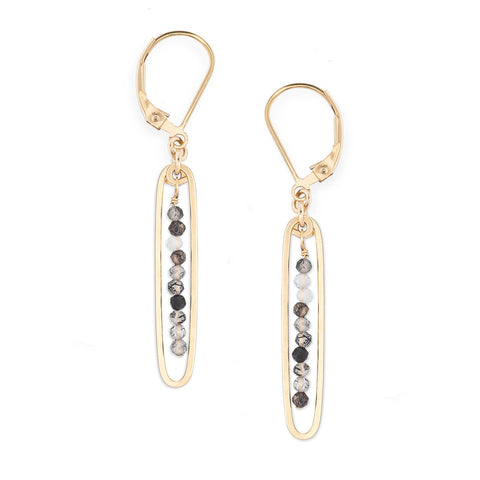 Lyric earrings by Freshie & Zero featuring black tourmaline quartz gemstones on delicate metal hooks.