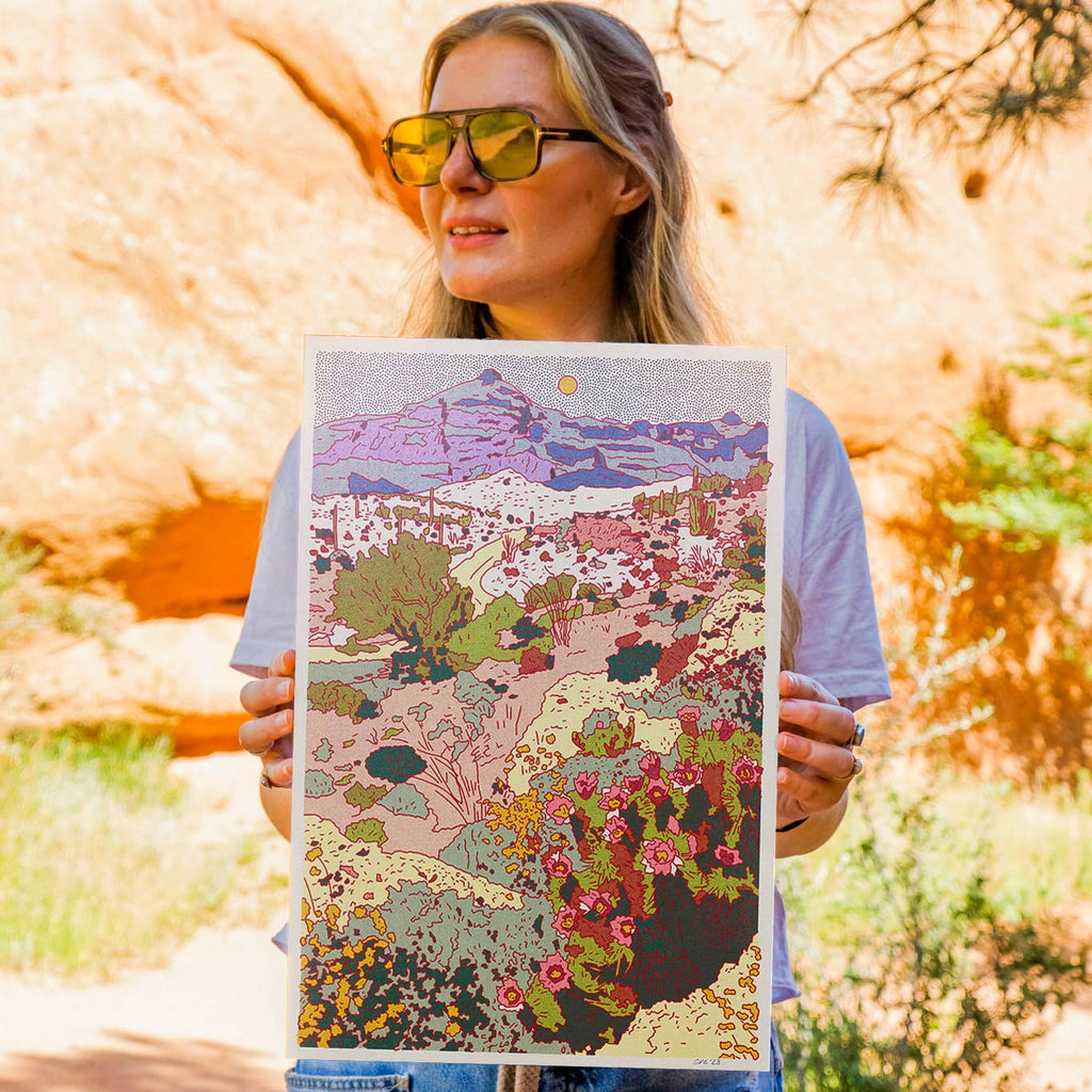 Caroline Clark Vertical Mountain Cactus Print poster featuring a tall cactus and mountain landscape artwork