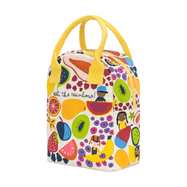 Eat the Rainbow Fluf lunch bag with colorful rainbow design, durable fabric, and spacious interior for kids' packed lunches.