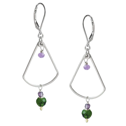 Silver fan earrings with green jade accents from Freshie & Zero, featuring intricate fan-shaped design and vibrant gemstone details.