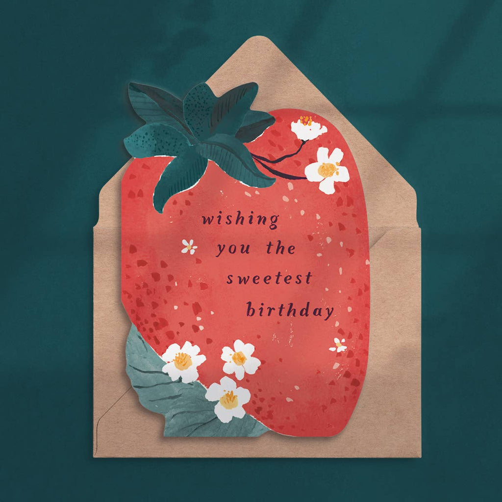 Sweet Strawberry birthday greeting card from Sister Paper Co. featuring colorful strawberry illustrations and festive design.