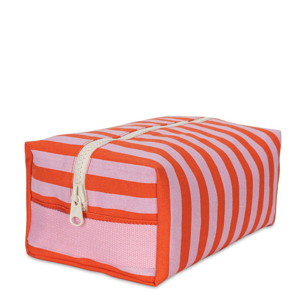 Fluf Traveller Toiletry Bag in pink awning stripe design, a compact bag for toiletries and travel essentials.