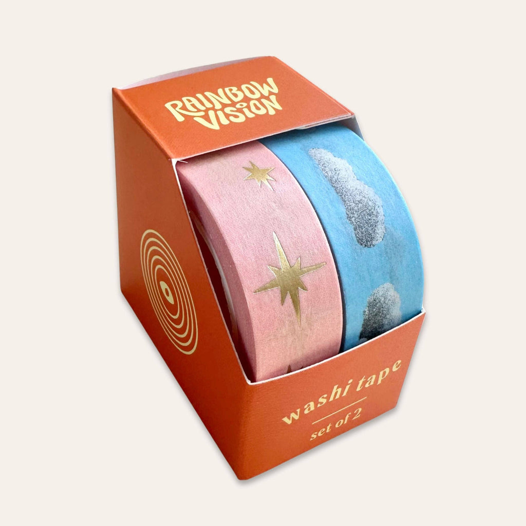 Set of two Clouds & Gold Stars Washi Tape rolls with cloud and star patterns, colorful and decorative for craft projects.