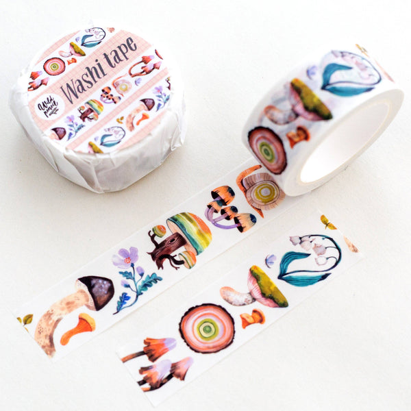 Wild Pencil Studio Magical Mushroom Forest Washi Tape showing whimsical mushroom and forest designs on a roll of decorative tape.