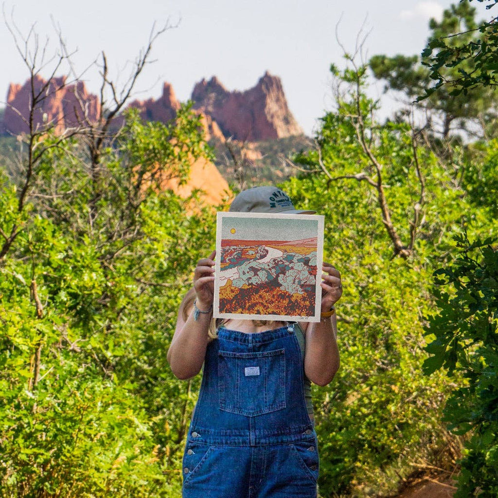 Caroline Clark Desert Mountain #40 square art print featuring layered mountain shapes in earthy desert tones