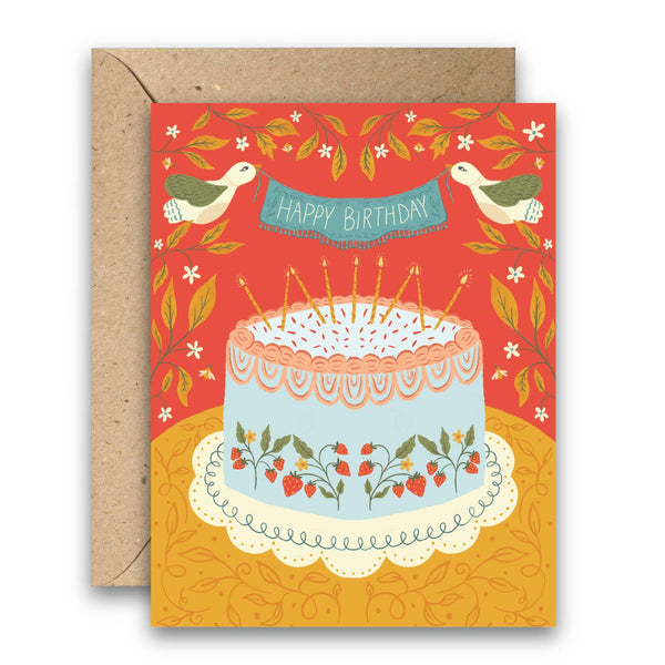 Strawberry Cake – Hand-Illustrated Birthday Card with Birds - Freshie & Zero Studio Shop