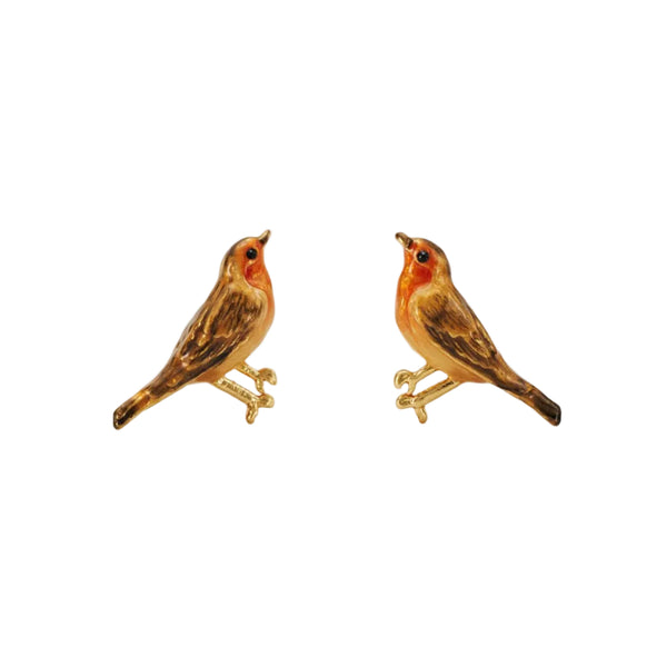 Robin vintage-style enamel stud earrings by Fable England, featuring colorful robin bird design on silver-tone metal.
