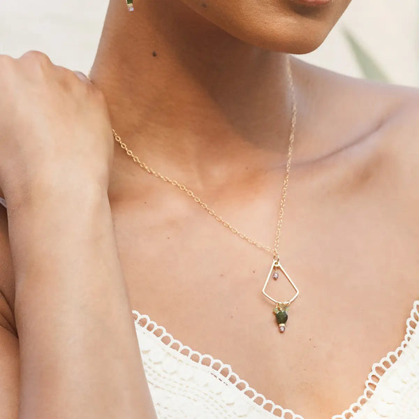 Golden Fan Gemstone Necklace: green jade + lilac - Freshie & Zero Studio Shop