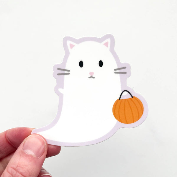 Trick or Treating Ghost Cat Sticker - Freshie & Zero Studio Shop