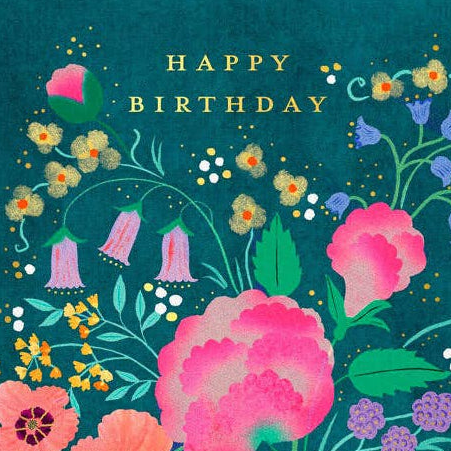 Colorful flower vase illustration on Ohh Deer birthday greeting card, featuring cheerful floral design and "Happy Birthday" message.