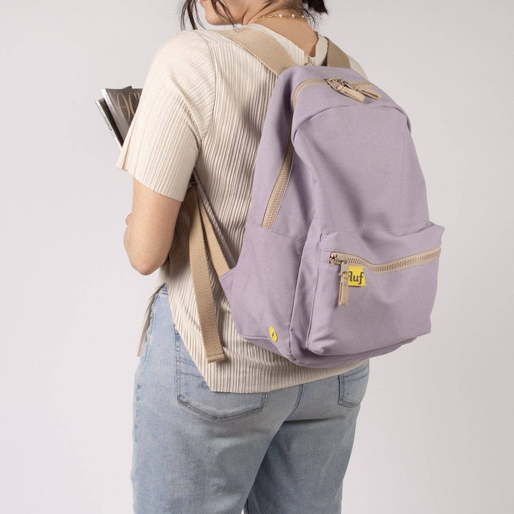 Organic cotton lavender backpack by Fluf, stylish eco-friendly bag with adjustable straps and spacious main compartment.