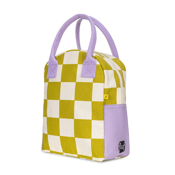 Checker Pear lunch bag by Fluf featuring a green and white pattern, made of durable fabric with a zip closure and carrying handle.
